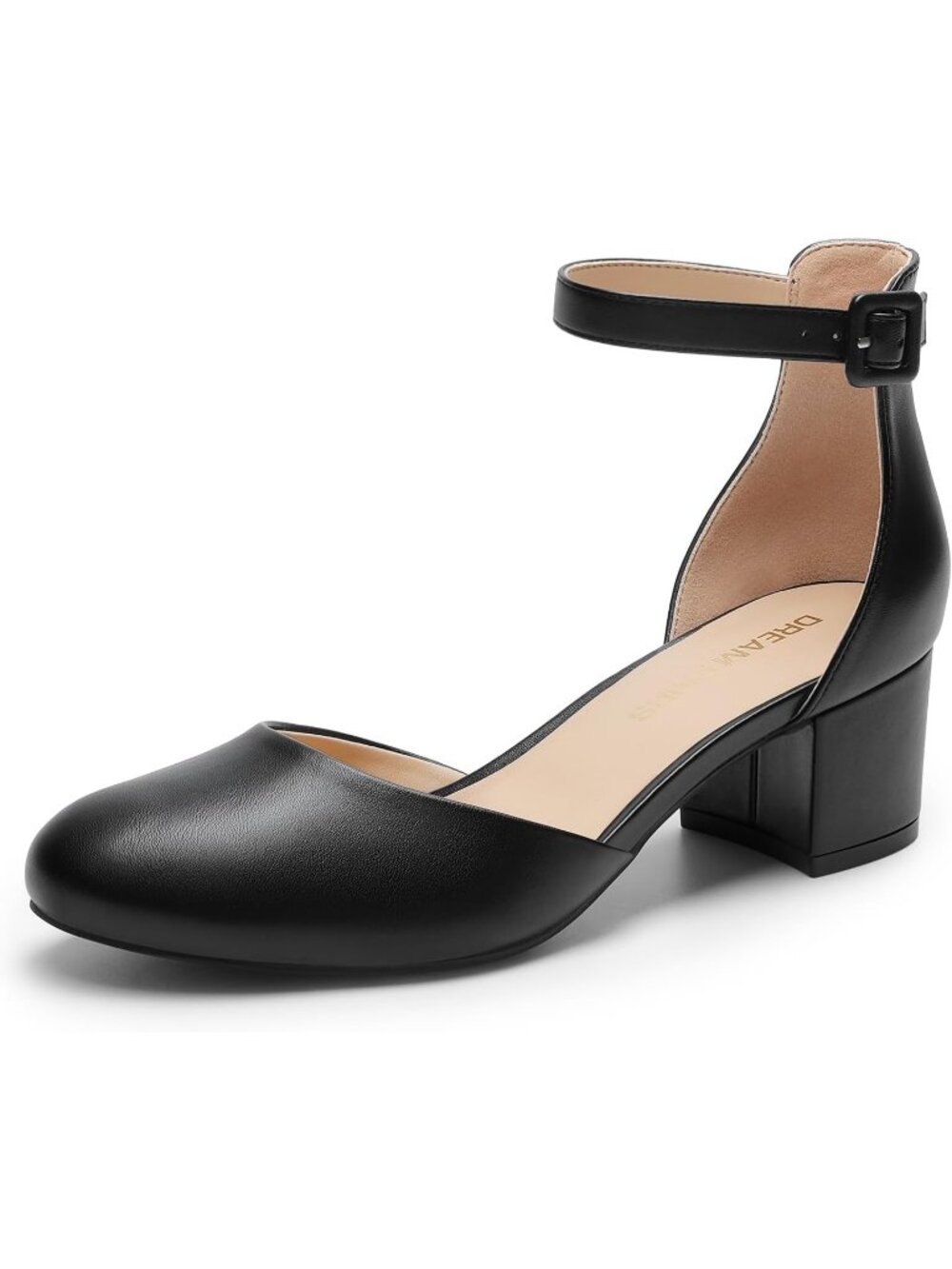 Women's Black Pu Closed Round Toe Ankle Strap Low Chunky Block Heels Pumps Shoes